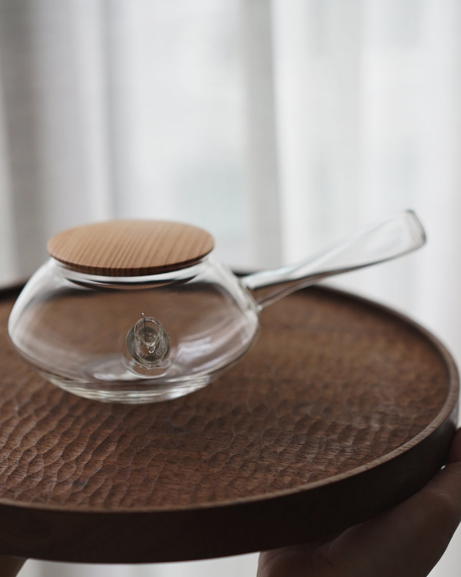 O., Glass Teapot Wooden Lid